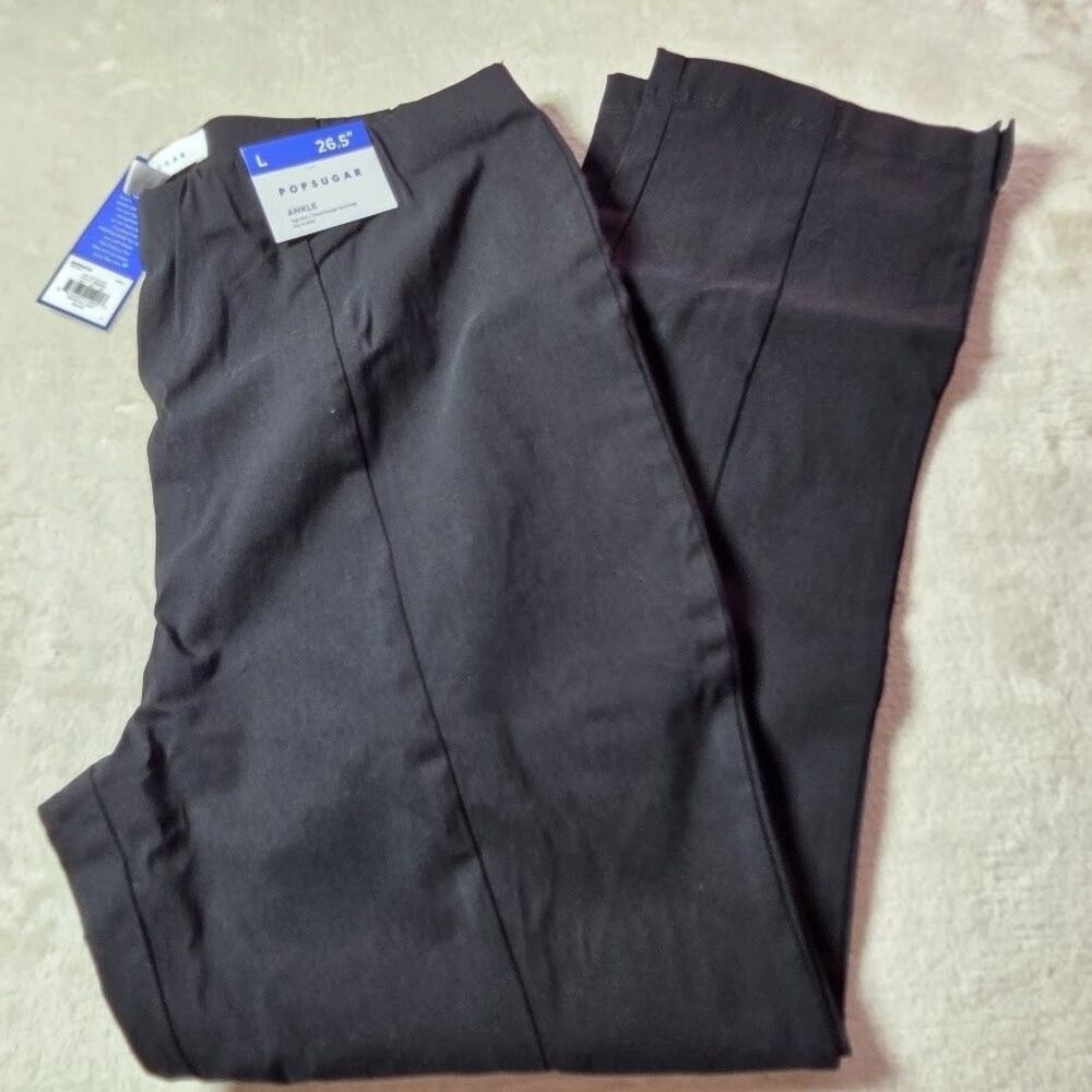 POPSUGAR Sz L High Rise Ankle Essential Crop Black Stretch Pants Elastic Waist